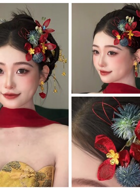 新中式新娘头饰红色秀禾服龙凤褂晨袍旗袍古风蝴蝶发饰发簪森系