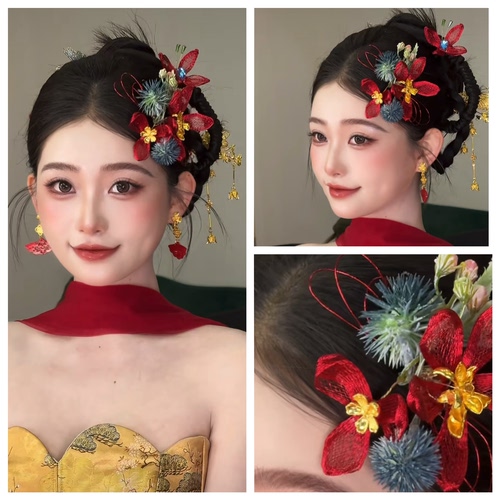 新中式新娘头饰红色秀禾服龙凤褂晨袍旗袍古风蝴蝶发饰发簪森系