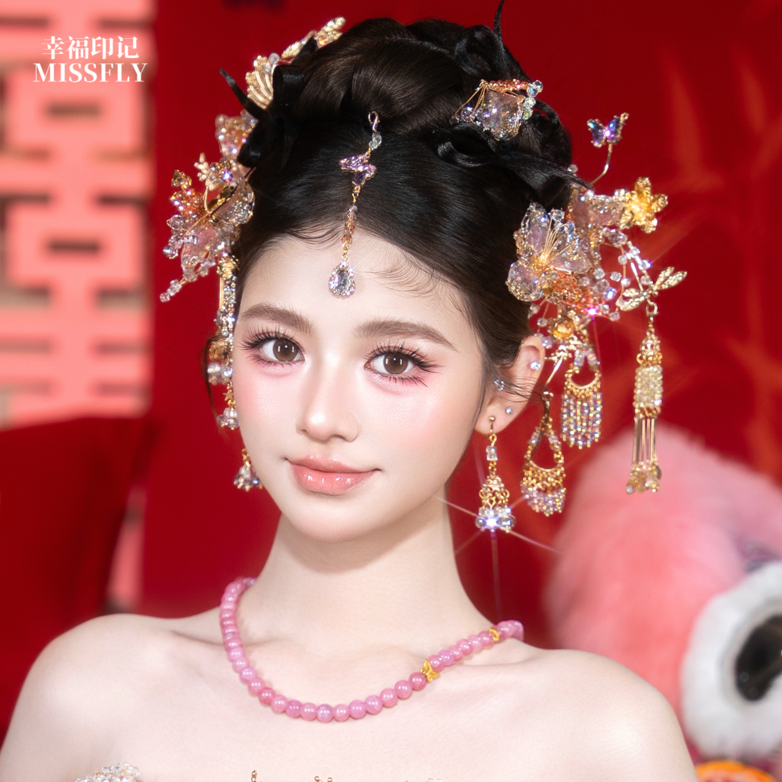 浅色小清新甜美金粉紫色新娘新中式头饰秀禾旗袍晨袍南洋礼服发饰