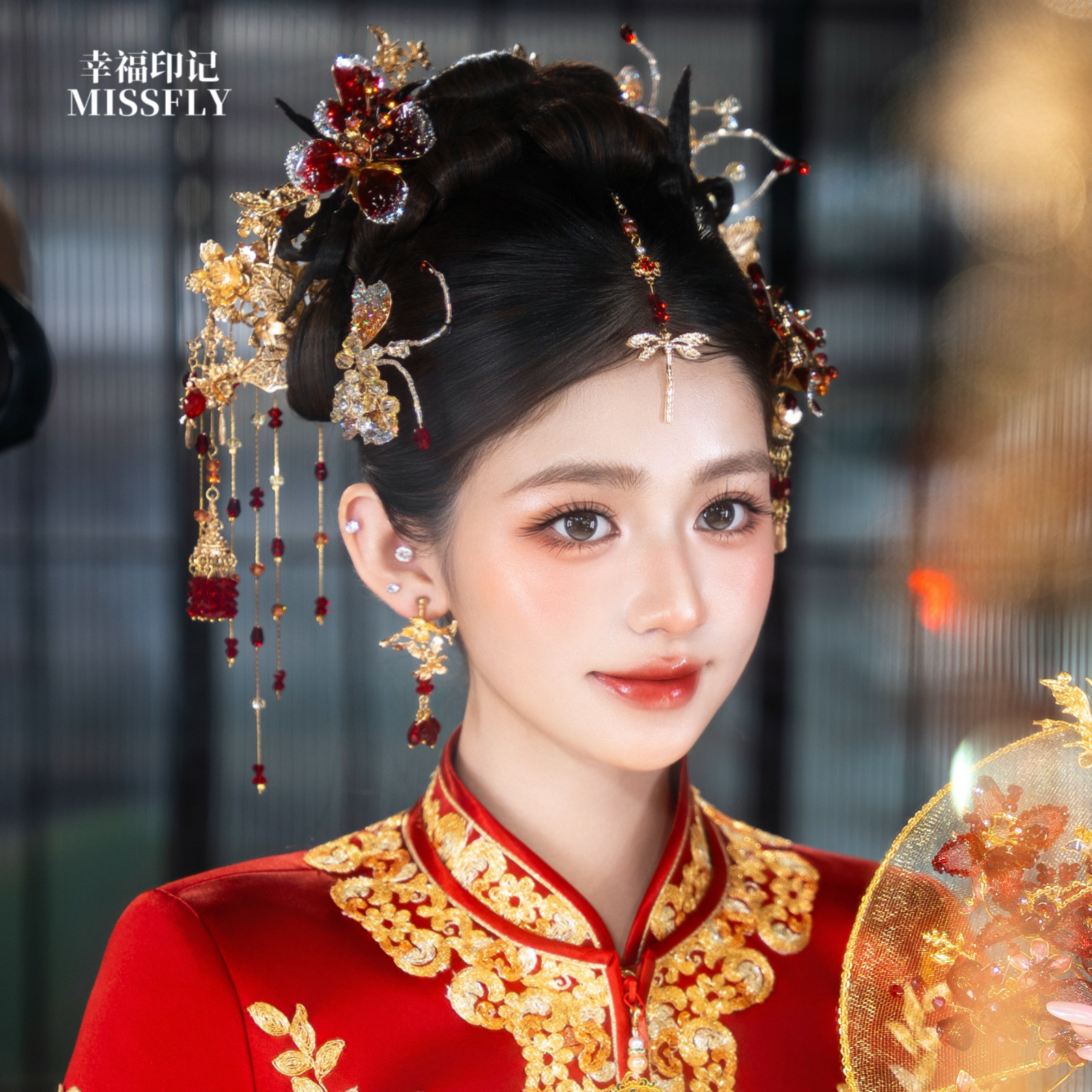 新中式新娘金红色秀禾头饰结婚婚礼长流苏发饰南洋旗袍配饰品减龄