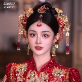 金红色秀禾新娘头饰中式 分体套装 龙凤褂马面裙旗袍额饰眉心坠发饰