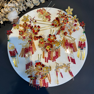 金红色系秀禾新娘头饰古风发饰汉服旗袍马面裙发簪仙女发饰婚礼