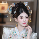 浅色百搭新中式新娘蓝色秀禾头饰扇子蝴蝶步摇减龄汉服晨袍发饰仙