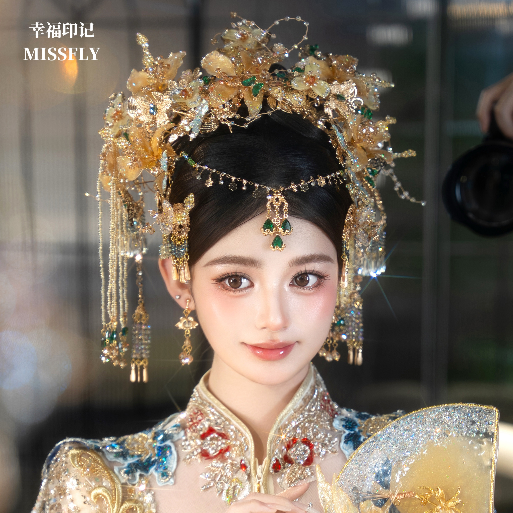 新中式婚礼新娘头饰发饰凤冠金色额链减龄秀禾晨袍龙凤褂头饰古风