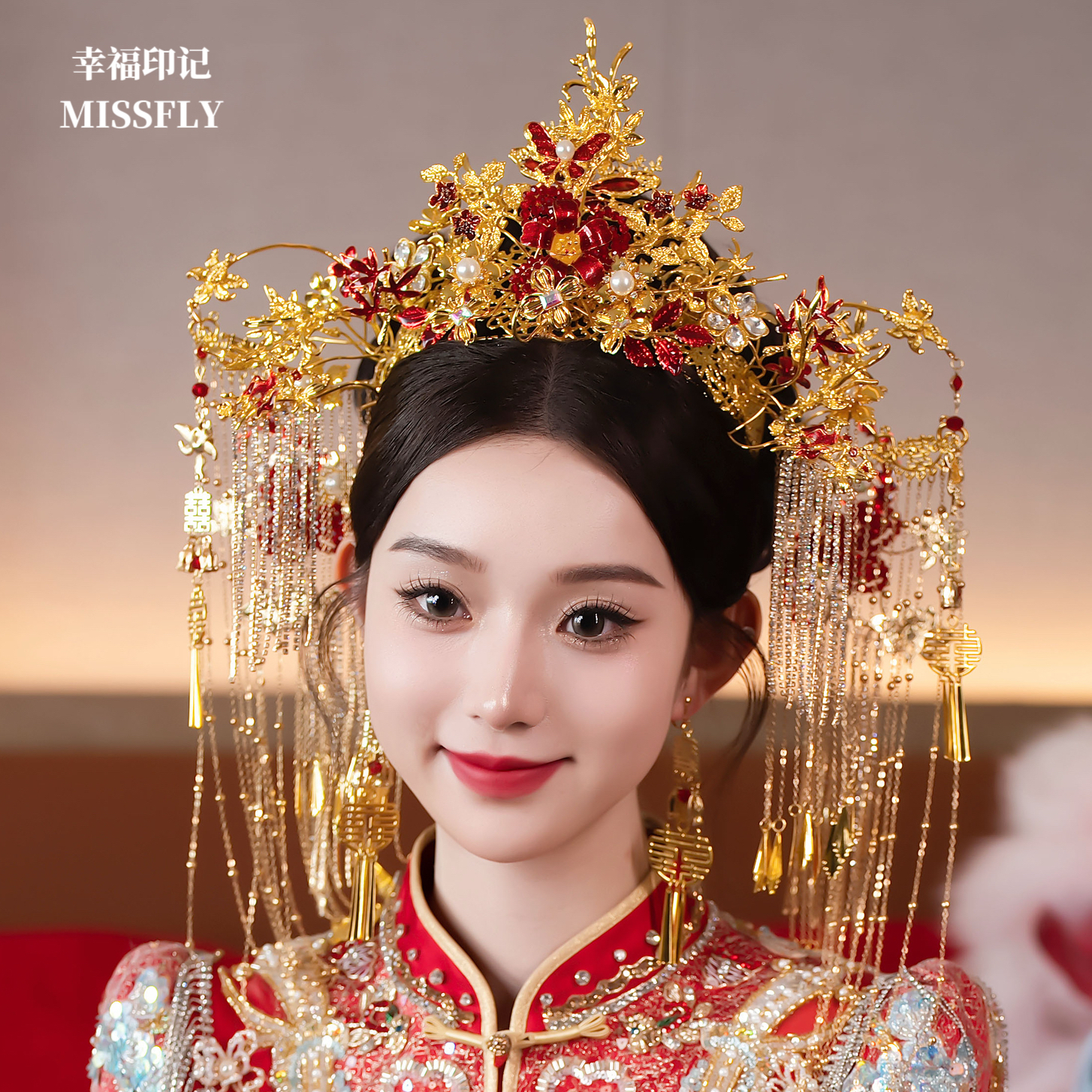 新娘龙凤褂秀禾头饰凤冠喜字水钻流苏步摇后区大气喜庆华丽发饰