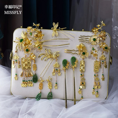 金色步摇绿珠发簪耳夹新娘头饰新中式秀禾旗袍龙凤褂汉服发饰简约