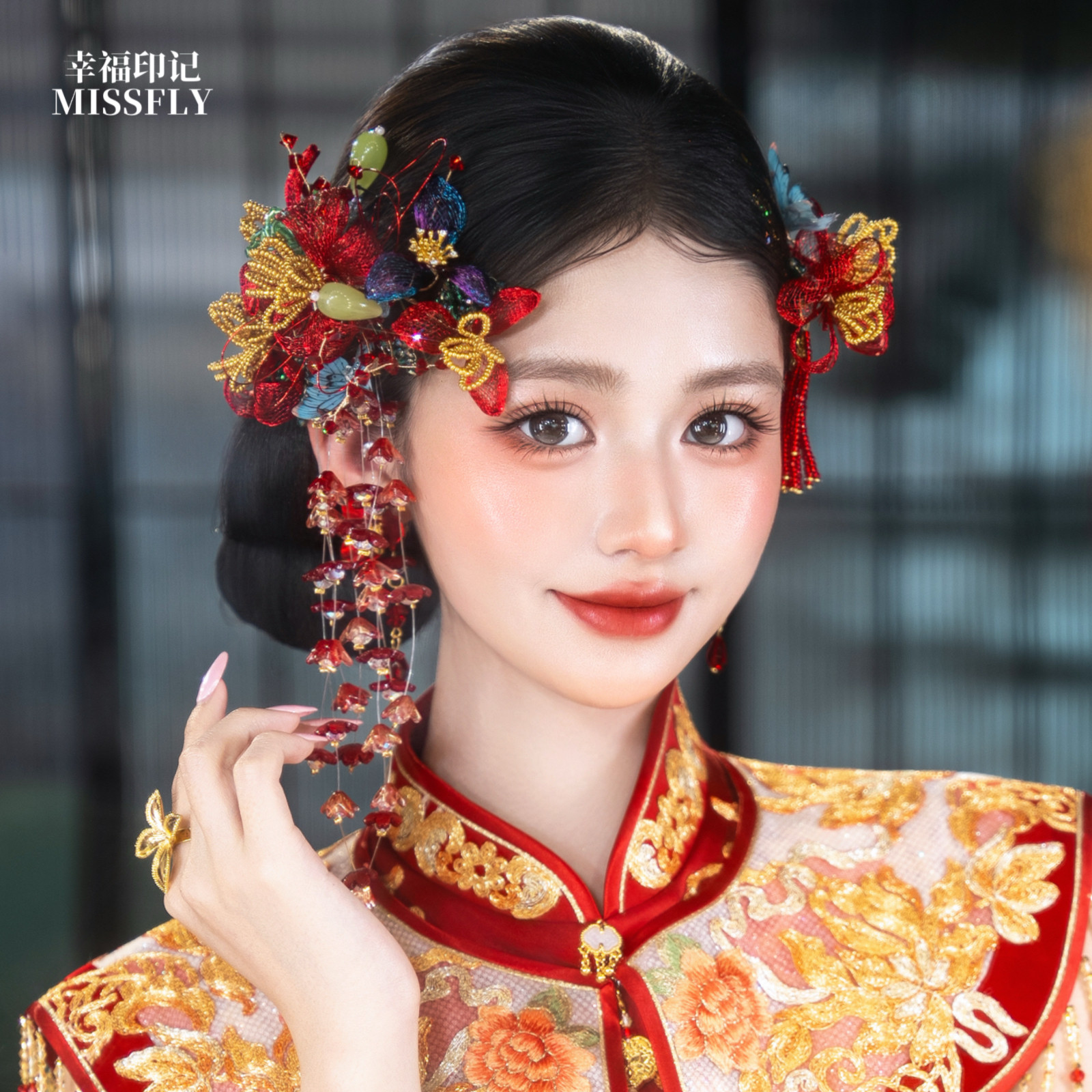 新娘头饰发夹边夹流苏红色缠花新中式婚礼晨袍旗袍礼服发饰减龄仙图片