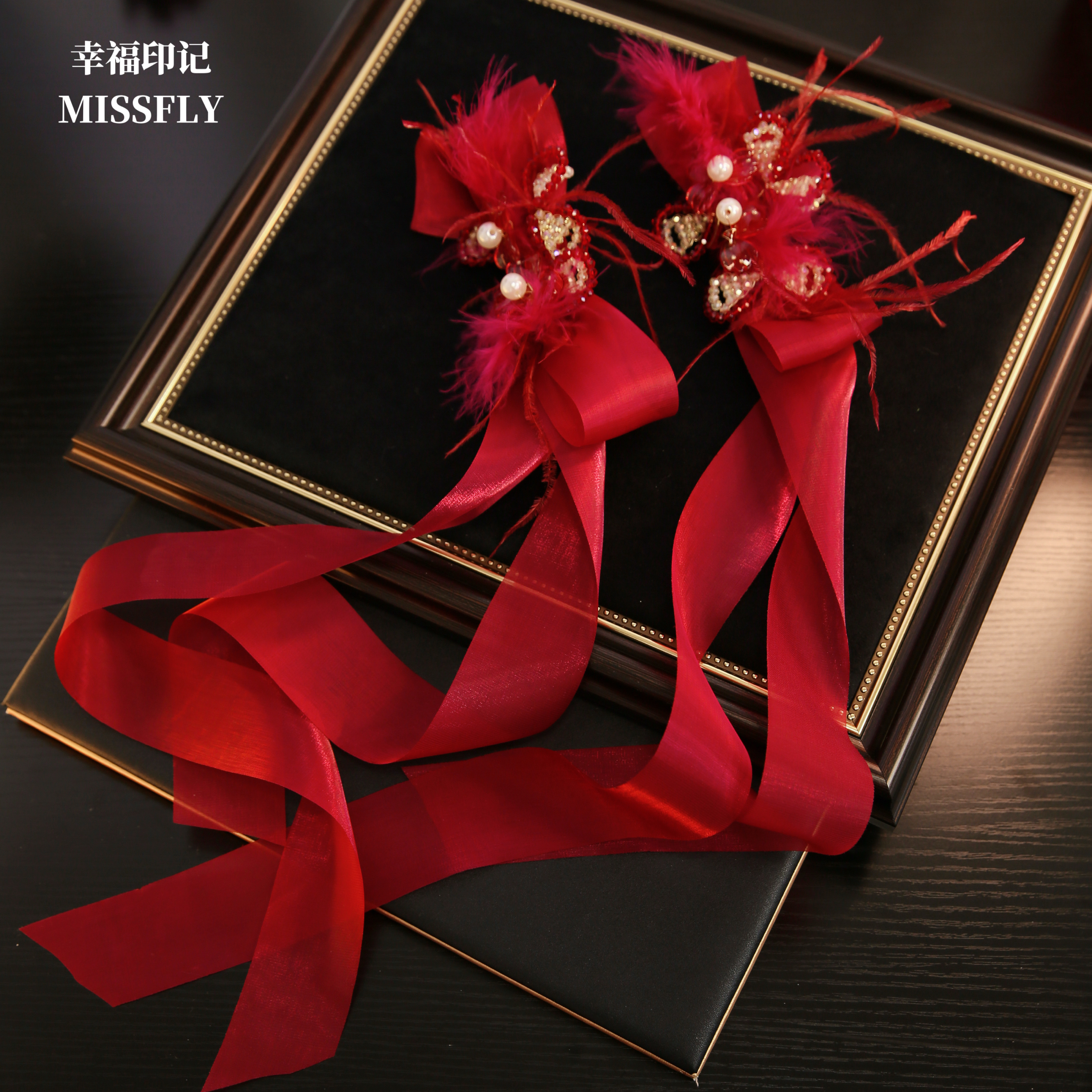 韩式礼服新娘头饰红色蝴蝶羽毛对夹婚纱秀禾汉服新中式发饰超仙