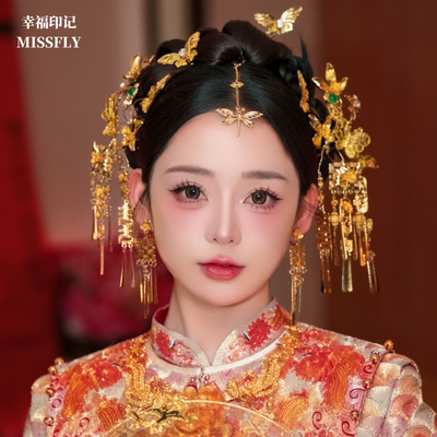 金色步摇发簪耳夹新娘绿珠头饰新中式秀禾旗袍龙凤褂汉服发饰简约