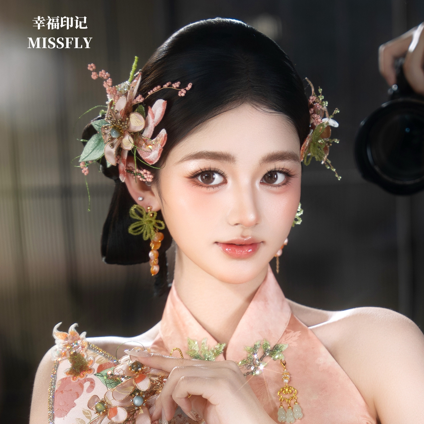 宋锦缎面花朵缠花串珠小清新粉蓝色新娘头饰新中式唐风汉服发饰仙