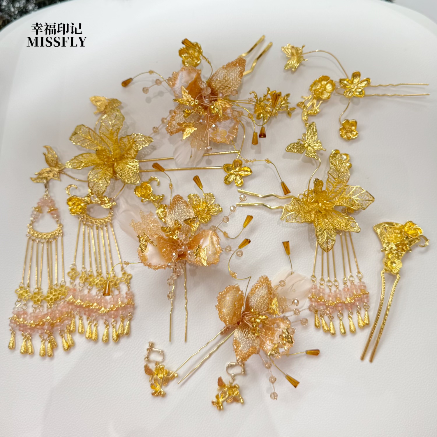 金色丝花羽毛宋锦缎面香槟珠新娘新中式头饰减龄秀禾旗袍晨袍发饰