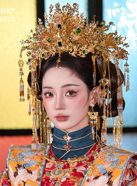 金色大凤冠整冠新娘中式婚礼头饰汉服秀禾龙凤褂后发饰奢华显脸小
