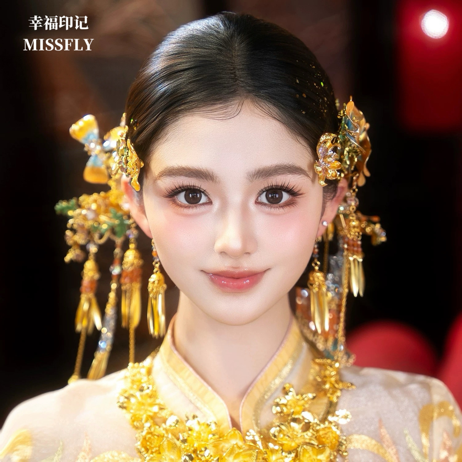 低盘发新娘新中式秀禾龙凤褂头饰金蓝花朵分体套装发饰高级感百搭