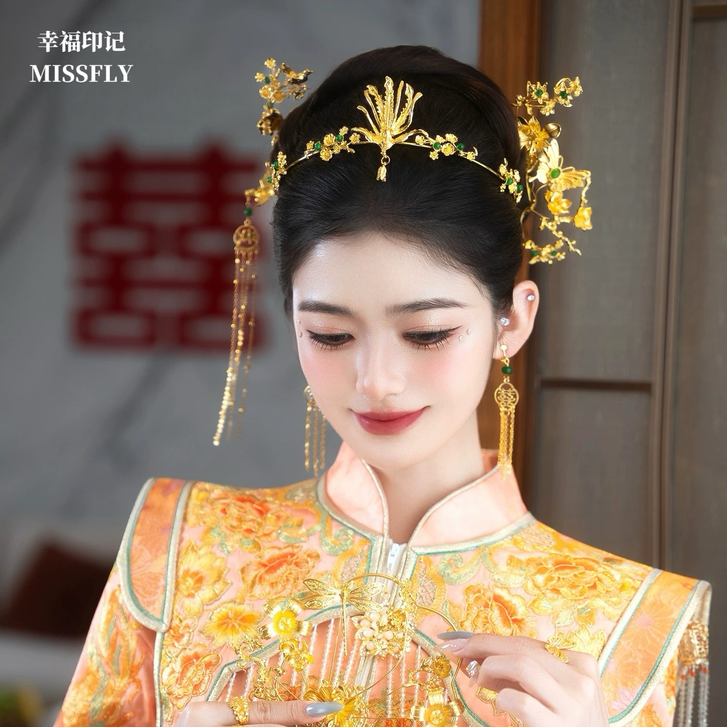 绿珠子龙凤褂金色头饰凤冠新中式新娘凤钗凤凰秀禾旗袍汉服发饰
