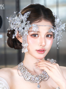 法式新娘主婚纱礼服头饰银色蝴蝶额链盖茨侧边流苏比婚礼宴会发饰