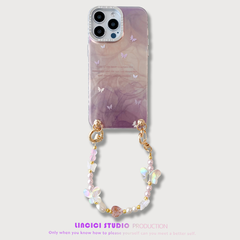 紫色晕染蝴蝶珍珠手链链条手机壳