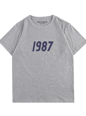 GESIMAO 原创设计感 1987潮牌日系复古原宿风情侣印花灰色T恤男女
