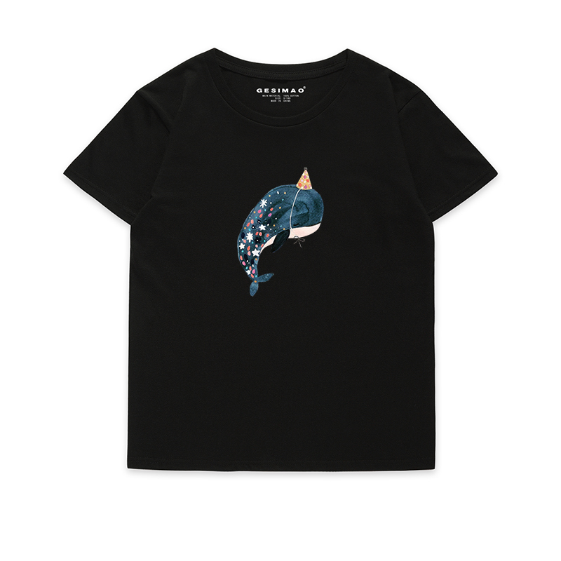 GESIMAO 派对鲸鱼印花 海洋插画系列 文艺小众清新女原创t恤短袖