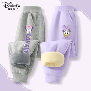 迪士尼女童加绒裤子秋冬款2026新款加厚儿童卫裤冬季运动女孩棉裤