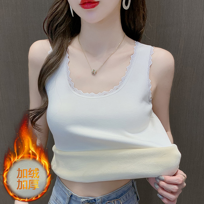 新款保暖吊带背心女加绒加厚蕾丝修身内搭上衣百搭无袖打底衫