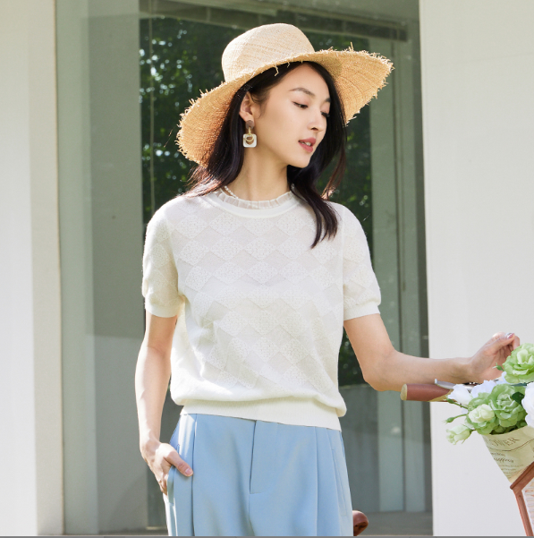 春竹/春夏新款精仿天丝针织衫圆领夏日精致短袖-DSS231E02