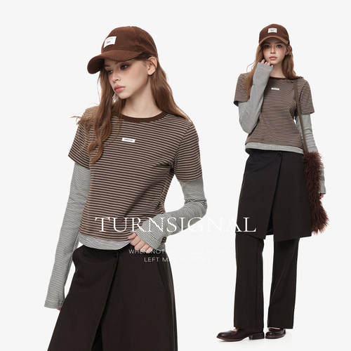 TurnSignal假两件条纹长袖T恤女