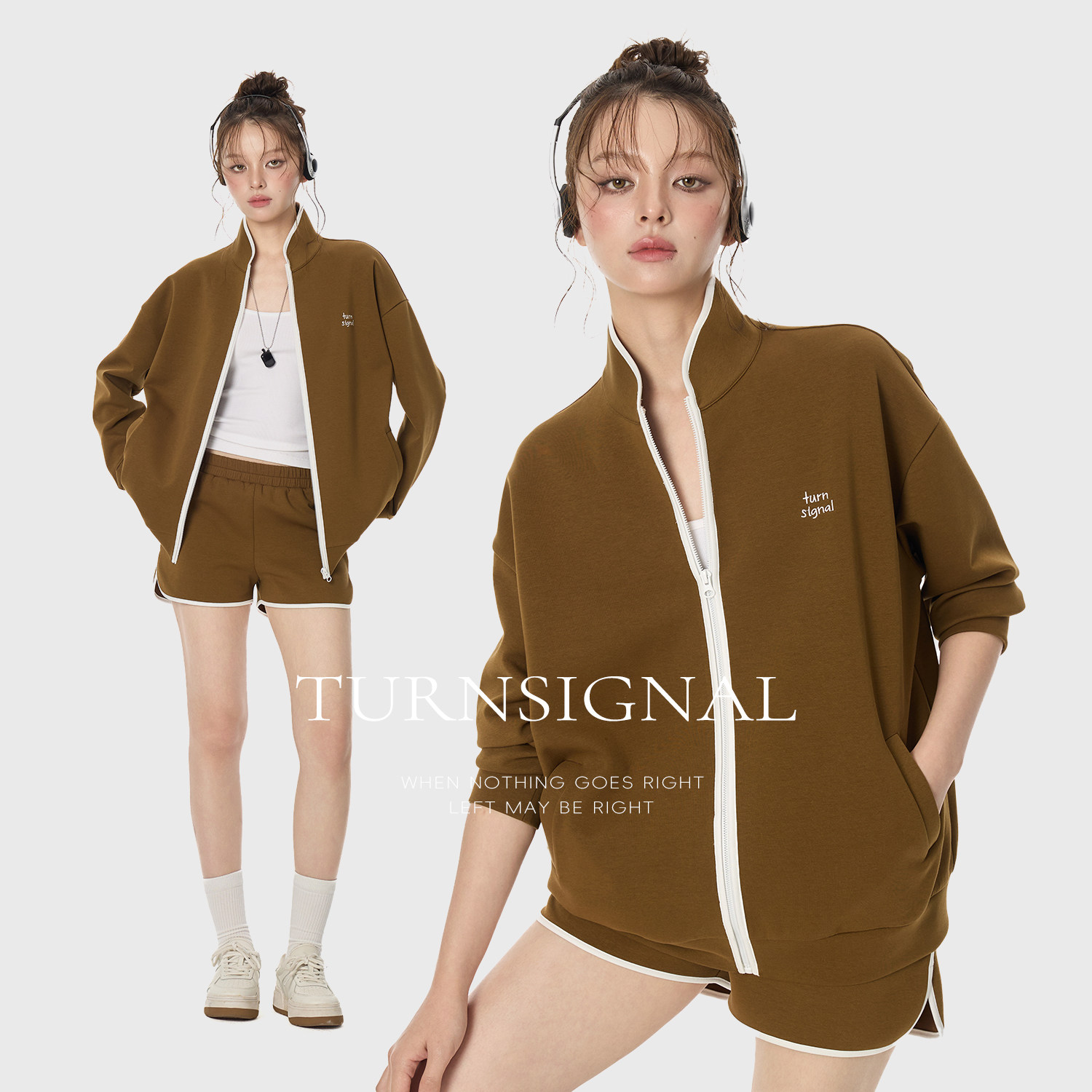 TurnSignal针织拉链外套短裤两件套女春2026新款时尚休闲运动套装