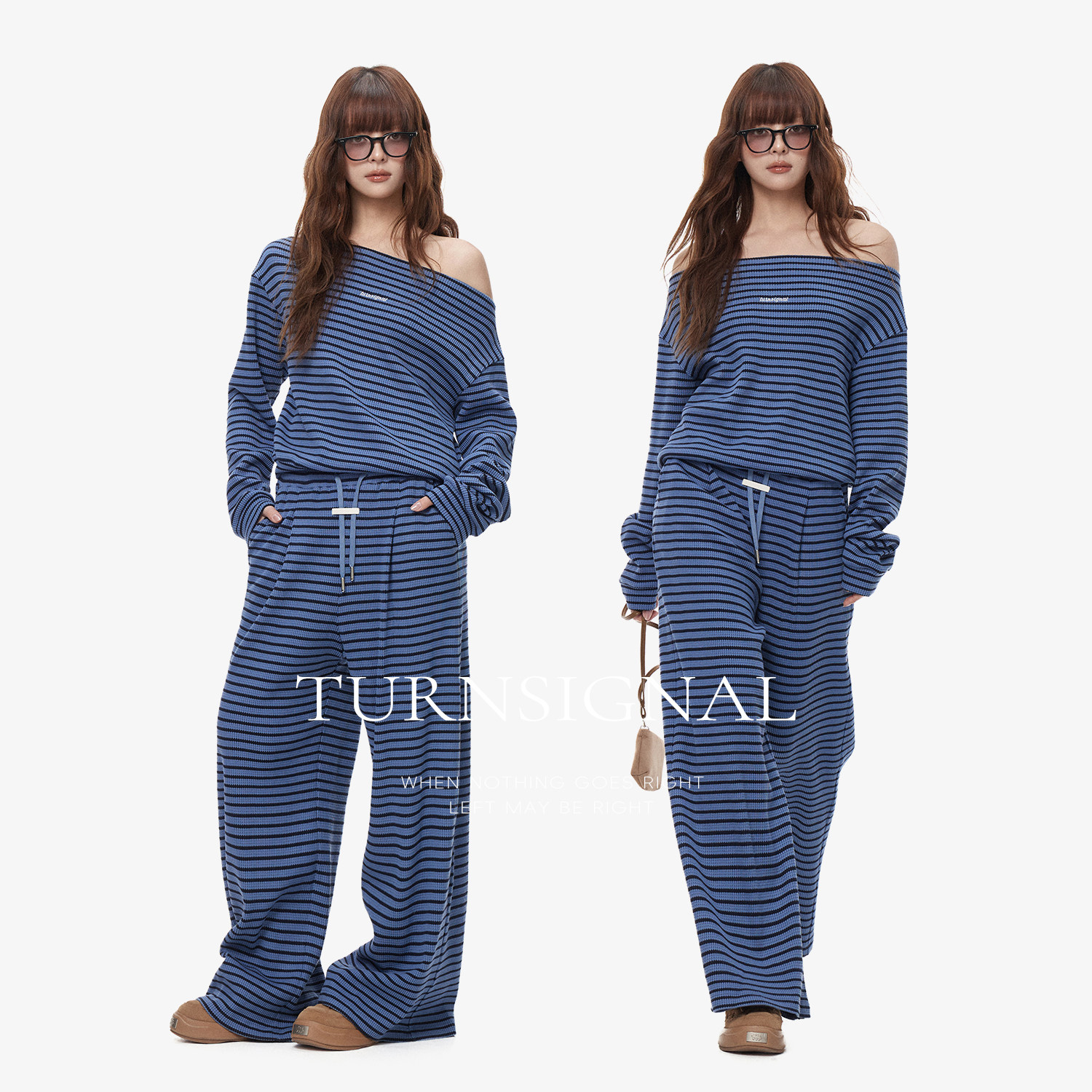 TurnSignal一字肩条纹T恤长裤套装女2026新款休闲运动两件套春秋
