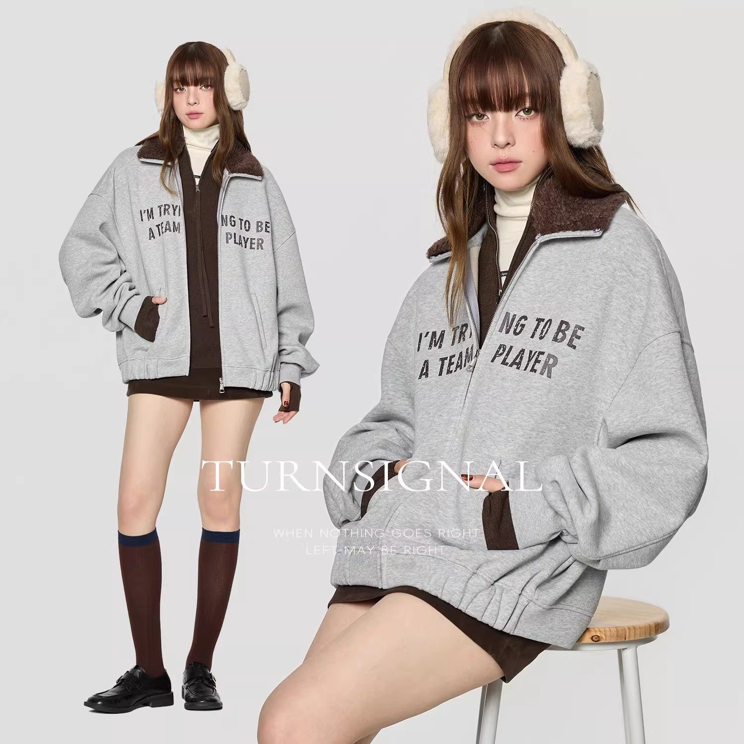 TurnSignal可拆卸毛领卫衣开衫外套女秋冬休闲宽松加绒加厚外套,女装/女士精品,卫衣/绒衫,淘宝优惠券,粉丝福利购,淘宝优惠卷