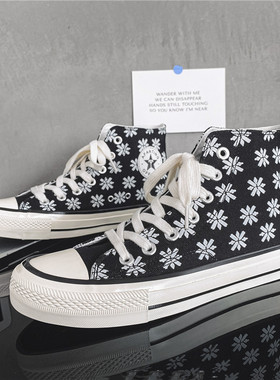 雪花高帮男鞋休闲1970S满印反战和平黑白色帆布鞋F008休闲百搭