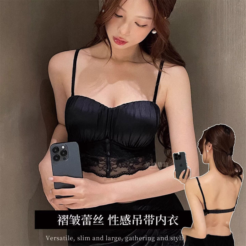 纯欲缎面蕾丝抹胸内衣女小胸无钢圈轻薄软支撑U型美背式文胸背心