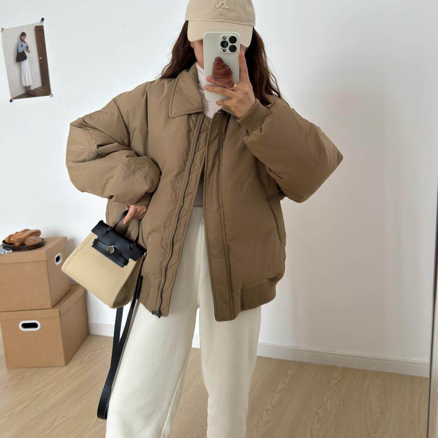 冬季新国标夹克式宽松羽绒服女翻领百搭白鸭绒通勤三防面料外套