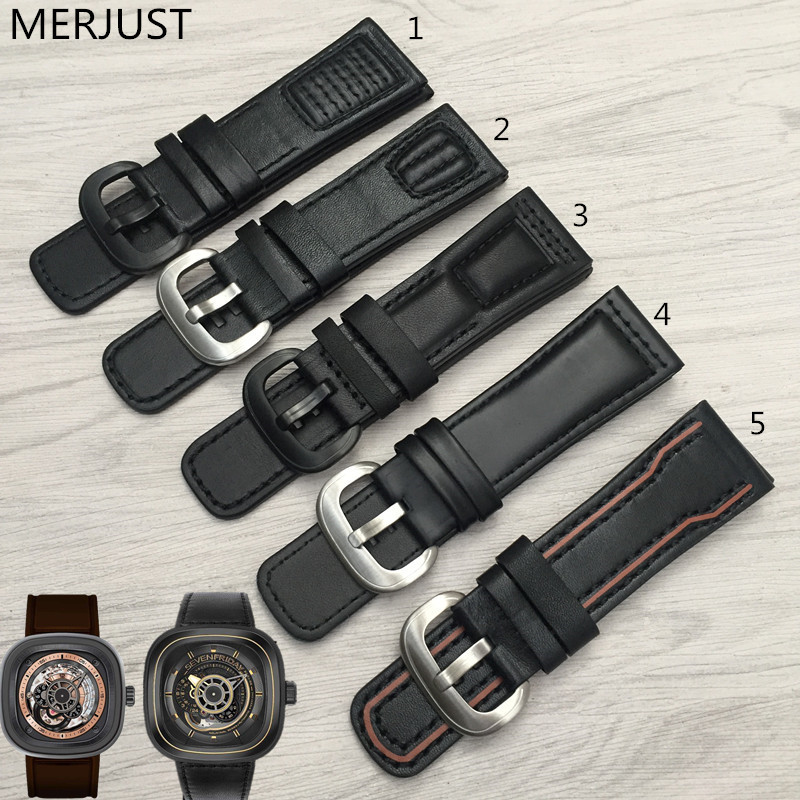 牛皮手表带适配七个星期五Sevenfriday真皮表带28mm黑色表配件男