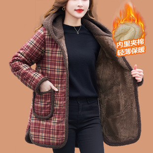妈妈冬天加厚棉衣防寒保暖中老年女冬装格子棉袄休闲连帽加绒外套
