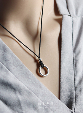 s999足银平安扣项链百搭黑绳颈链