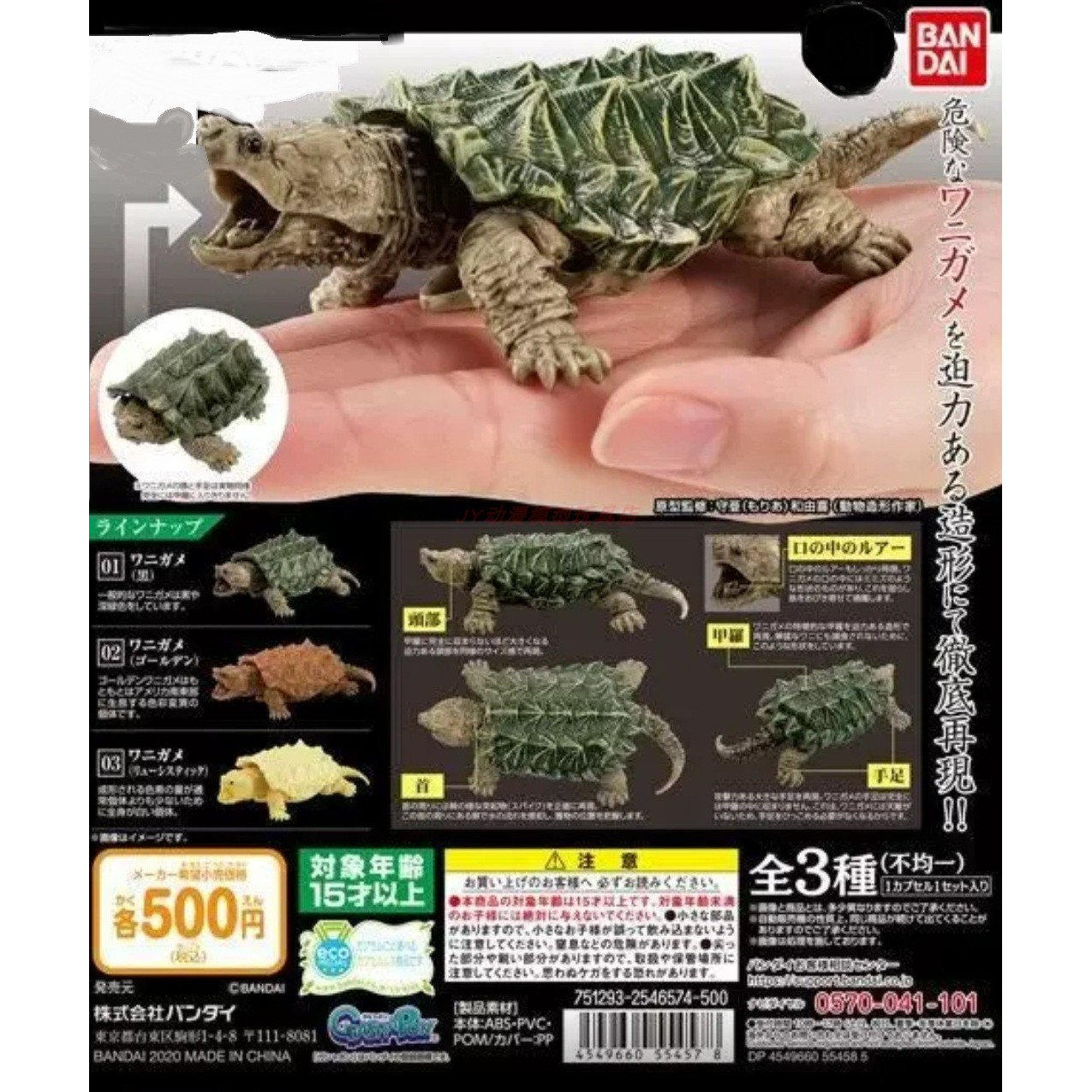 正版 万代 扭蛋 生物大图鉴 鳄龟 仿真 可动 手办 模型 一套三款