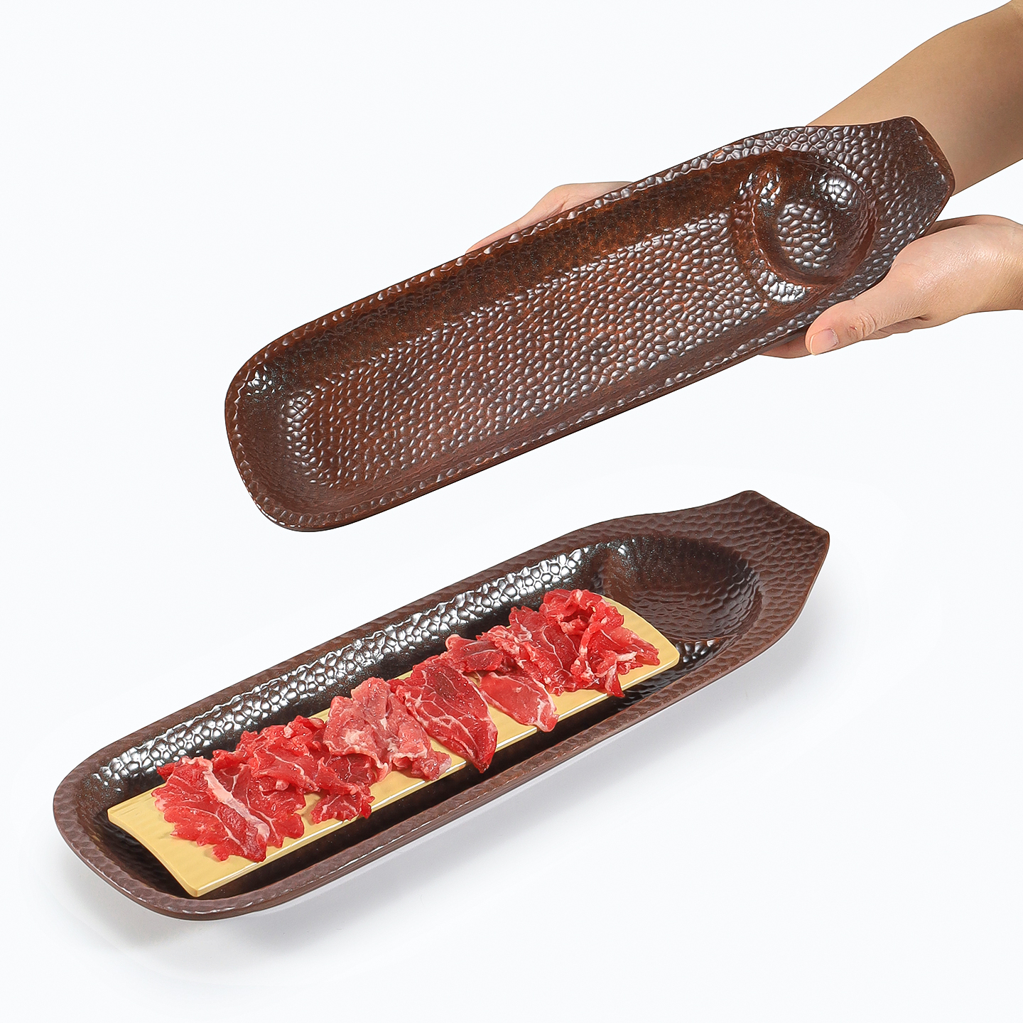 密胺复古火锅专用鲜切雪花牛肉盘