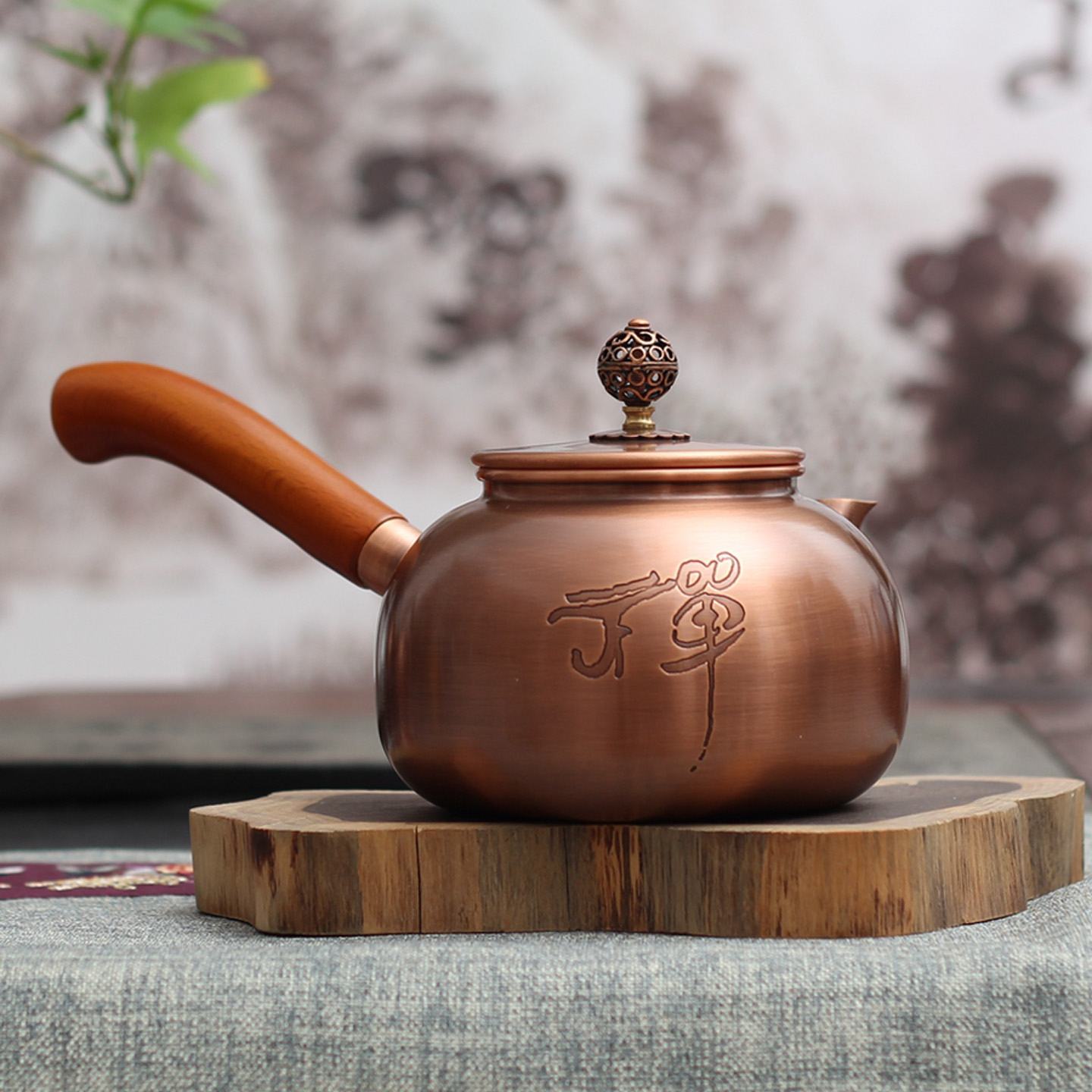 侧把铜壶中式纯铜小茶壶复古紫铜烧水壶纯手工带手柄养生铜壶茶具