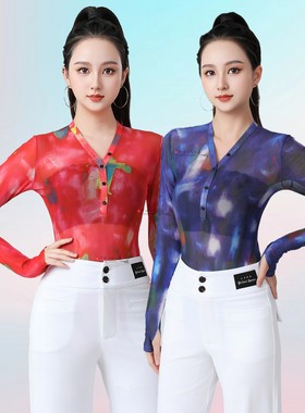 拉丁舞服装女上衣练功服网纱连体吉特巴舞蹈新款摩登舞交谊舞舞蹈