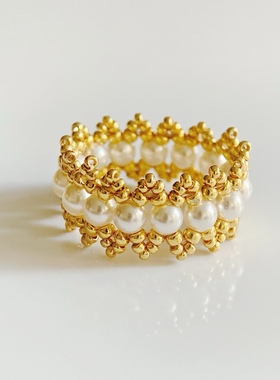 皇冠珍珠法式蕾丝串珠戒指