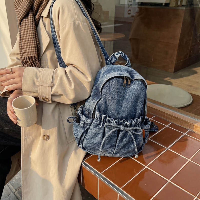 复古港风水洗牛仔双肩包女大容量单肩两用书包2026新款韩版背包男