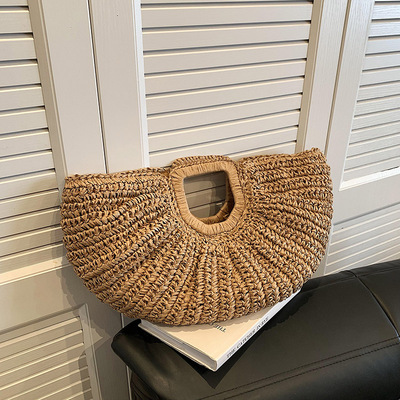 法式复古编织半圆手拿包小众时尚草编包月亮包手挽包度假沙滩包