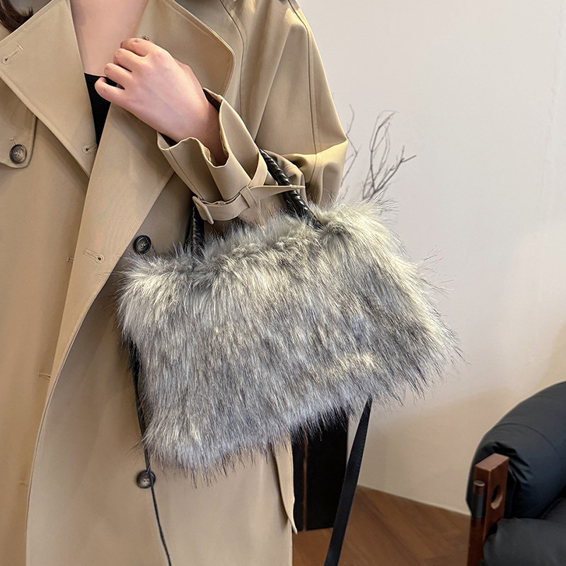 跨境长毛高级感毛毛包女秋冬仿狐狸毛手提包毛绒斜挎包洋气托特包
