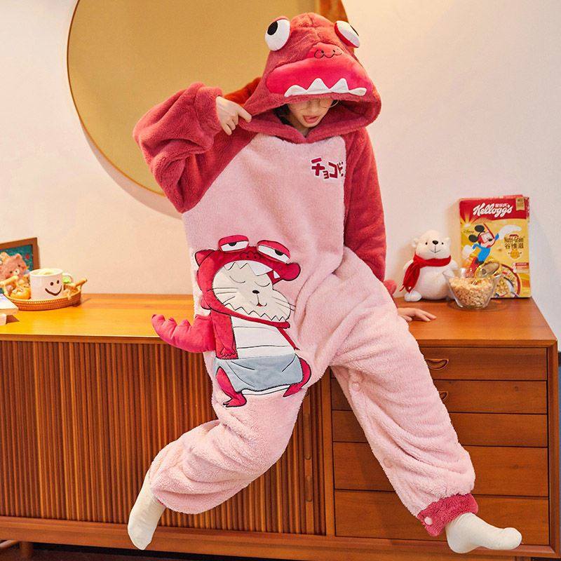 加厚珊瑚绒秋冬情侣睡衣大码宽松连体带帽男女套装2022新款家居服