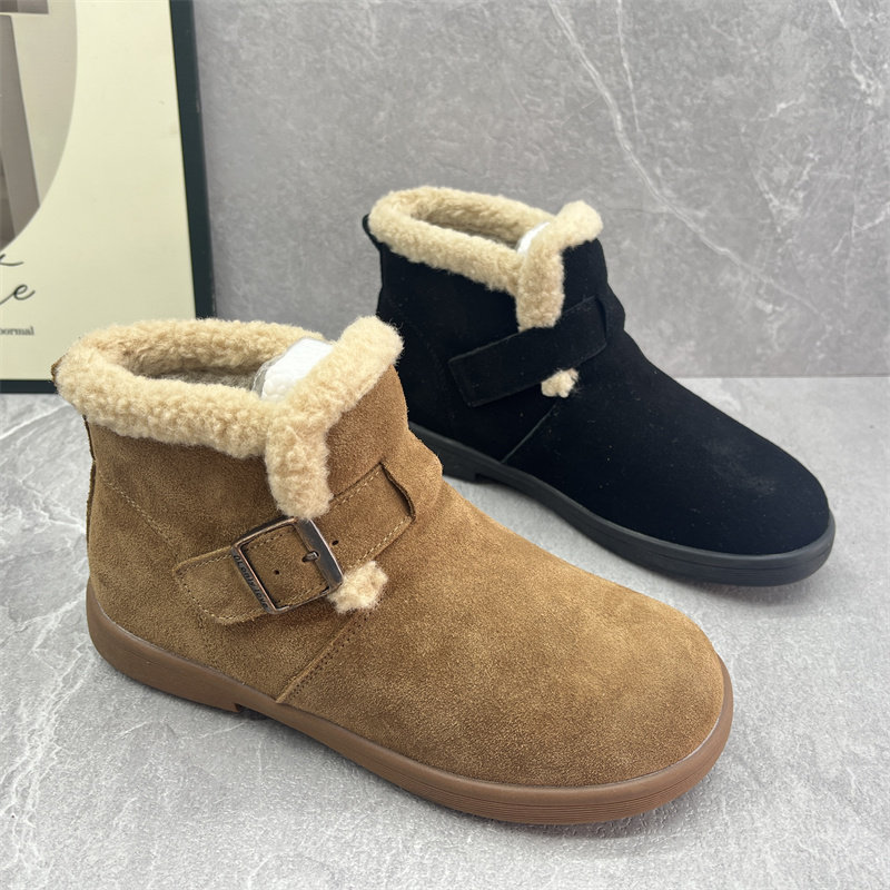 2025冬季新款真皮磨砂皮毛绒雪地靴女加绒保暖平底高帮勃肯女棉鞋