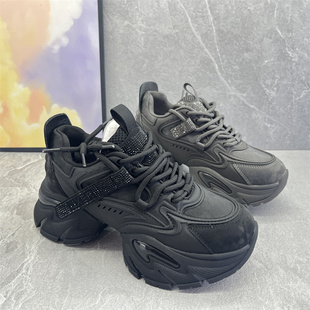 女增高系带百搭运动休闲女鞋 真皮水钻厚底老爹鞋 炸街 特价 2026春季