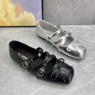 2026春季法式复古风方头玛丽珍鞋女蝴蝶结交叉扣带平底浅口女单鞋