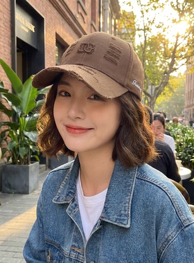 韩版做旧破洞字母刺绣棒球帽女夏季百搭防晒遮阳显脸小鸭舌帽子男