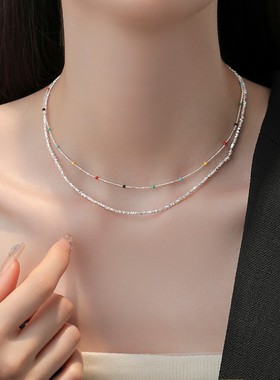 精致夏天|925纯银多巴胺项链轻奢碎银子叠戴IU同款彩珠锁骨链手链