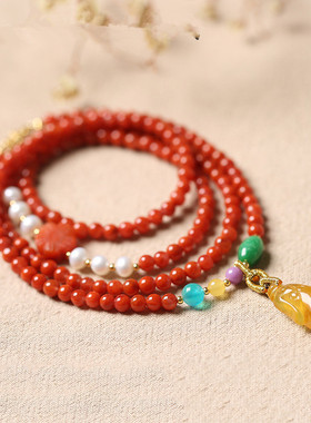 鸿运当头|天然南红多圈手链蜜蜡旗袍925银链旺运新中式清新 4.5mm